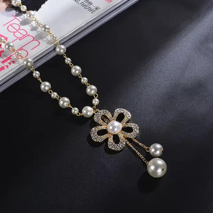 Vintage dame longue collier De perles pour les femmes élégant mode cristal fleur fête bijoux Collares De Moda