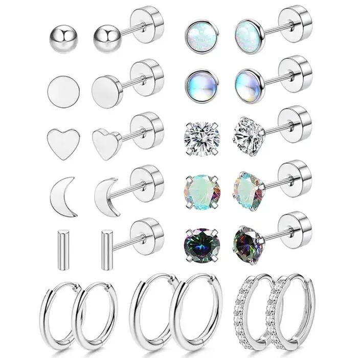 Ensemble de boucles d'oreilles en acier chirurgical hypoallergénique, cerceaux, Tragus, Cartilage, Piercing, dos plat, bijoux pour femmes