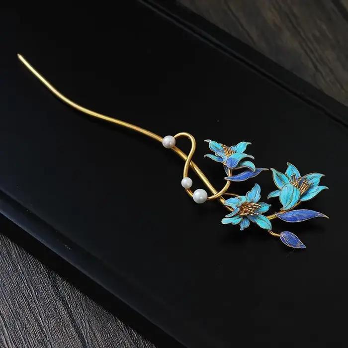 Diadème de fleur de lys bleu avec perle d'émail