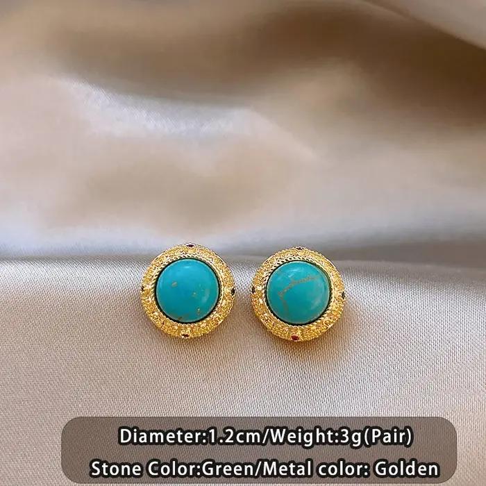 Boucles d'oreilles rondes rétro Turquoise 2025, bijoux avec bordure couleur or, accessoires inhabituels pour fête de mariage pour femmes et filles, cadeaux polyvalents