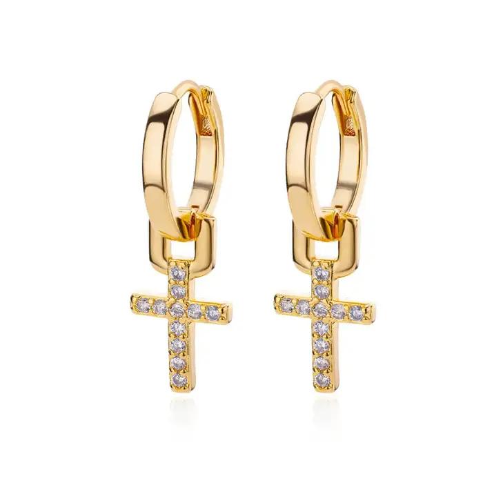 Boucles d'oreilles en forme de croix en Zircon pour femmes, couleur or, en acier inoxydable, de luxe