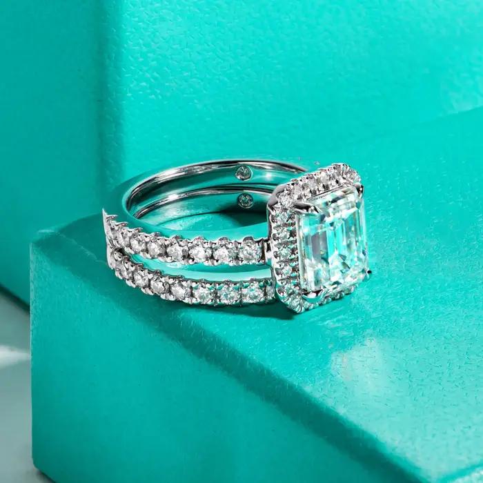 3ct émeraude coupe D couleur Moissanite Halo bague de mariée ensemble Vintage alliance bagues en argent avec Cer bijoux