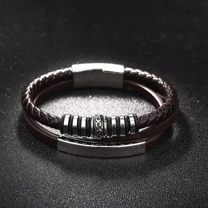 Bracelet en cuir pour homme style punk acier inoxydable plaqué argent rhodium occasion quotidienne fête cadeau original