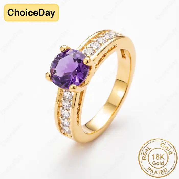 Bague de luxe plaquée or 18 carats avec zircon violet rond pour femme