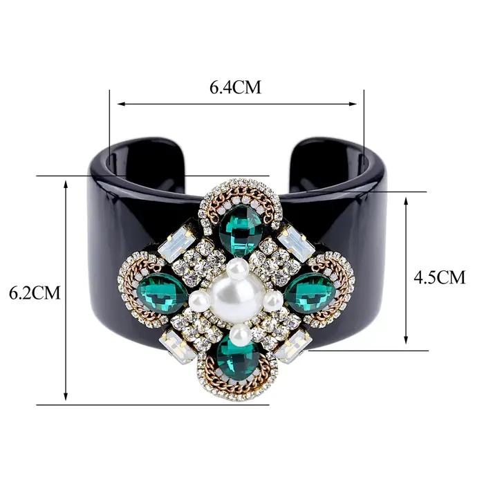 HAHA & TOTO Bracelet manchette en résine noire à la mode incrusté de cristal fait à la main perlé fleur