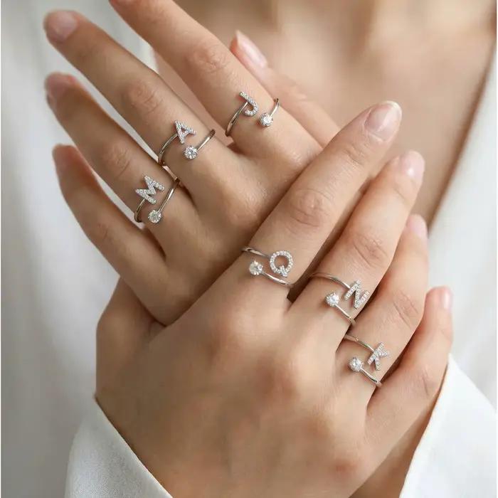 Bagues Chic en Zircon avec Initiale A-Z pour Femmes et Filles