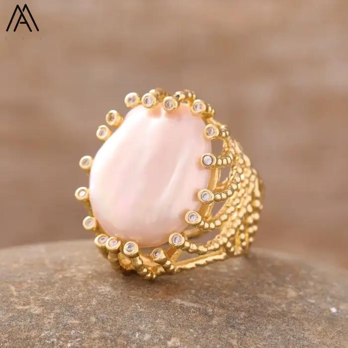 Bague de fiançailles en perle naturelle plaquée or, bande réglable, ensemble de zircone tendance, bijoux exquis, cadeau romantique, bague pour femme