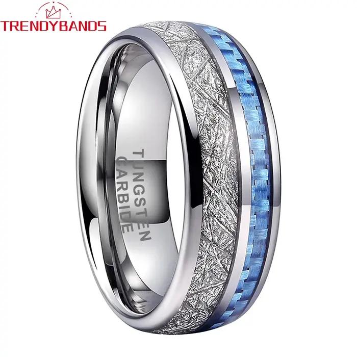 Anneaux en carbure de tungstène 8mm avec incrustation de météorite en fibre de carbone bleu clair pour hommes et femmes, ajustement confortable, tracker de fitness, pour mariage et occasions spéciales