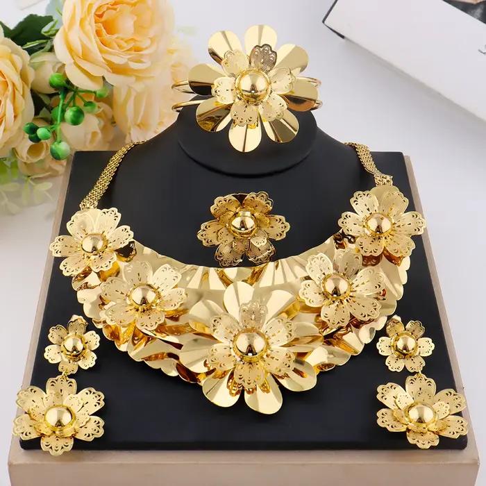 Indien dubaï luxe 24k plaqué or boucles d'oreilles collier bague bracelet ensemble de bijoux pour les femmes amérique