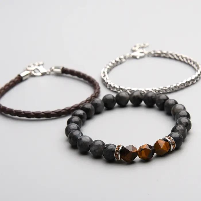 Ensemble de 3 bracelets en cuir véritable et chaîne en acier inoxydable