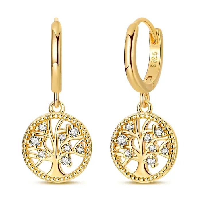Boucles d'oreilles arbre de vie doré en argent Sterling 925 pour femmes