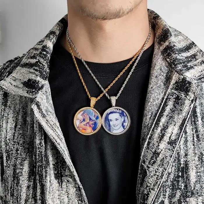 Collier photo personnalisé unisexe avec pendentif rond en zircone cubique pour homme et femme occasions spéciales hip hop rock