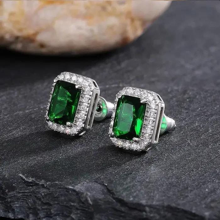 Mignon carré femme émeraude cristal vert boucles d'oreilles mode 925 en argent Sterling boucles d'or