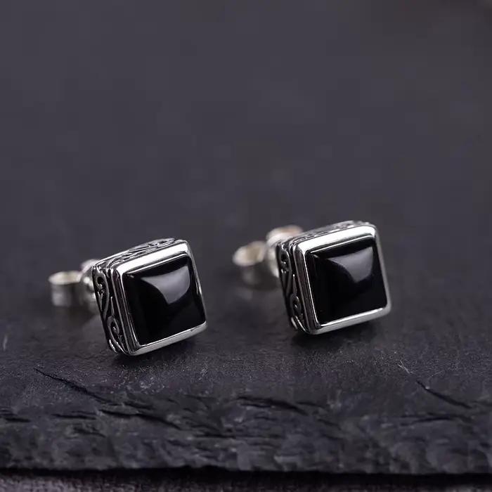 Boucles d'oreilles en argent regardé S925 pour femmes, bijoux en argent thaïlandais, artisanat vintage, agate noire, carré simple, Zunderes