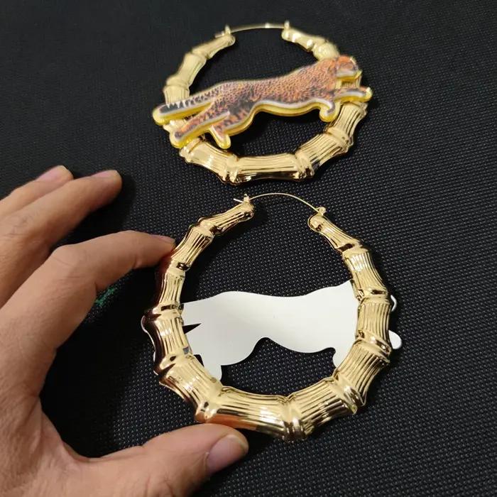 Grandes Boucles d'Oreilles en Bambou Imprimé Léopard pour Femme