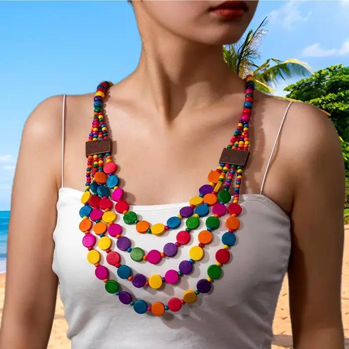 Collier ethnique bohème pour femmes multifaces en bois, style tribal, cadeau d'anniversaire original, bijou de fête, idéal pour les soirées mondaines et les sorties entre amies
