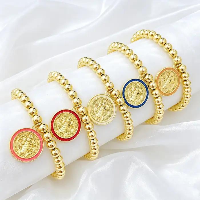 Nouvel Arrivage Bracelet de perles en cuivre avec médaille ronde Saint Benoît en émail