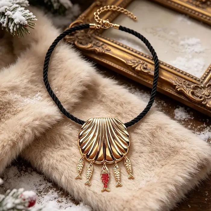 Collier en cordon noir avec breloque coquille et poisson