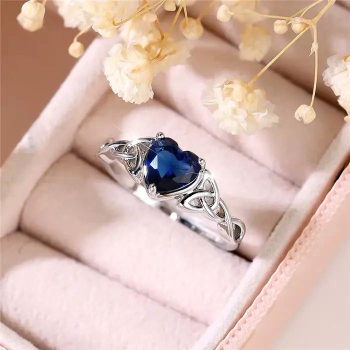 Bague de fiançailles en forme de cœur en pierre de Zircon bleu pour femme
