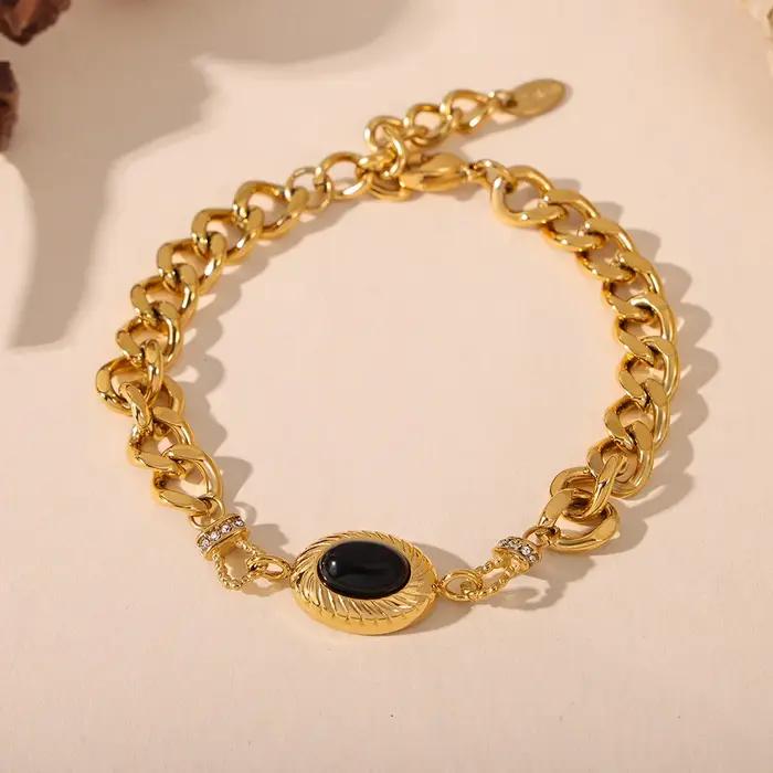 Ensemble de bijoux en acier inoxydable Nobel pour femmes avec pendentif en perle noire ovale plaquée or de luxe pour soirées et occasions spéciales