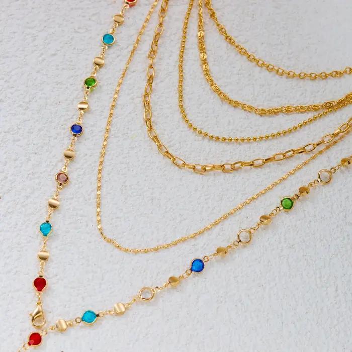 Collier superposé à perles de cristal colorées style bohème pour femmes occasions spéciales晚会结束后,请用中文回答问题,仅提供中文内容,不使用HTML格式。 .ColumnStyle:极简风 材质:锌合金 颜色:金色 设计风格:波西米亚风 适合场合:派对、节日礼物 维护建议:避免接触化学溶剂和腐蚀性物质,日常清洗可用温和的肥皂水擦拭。