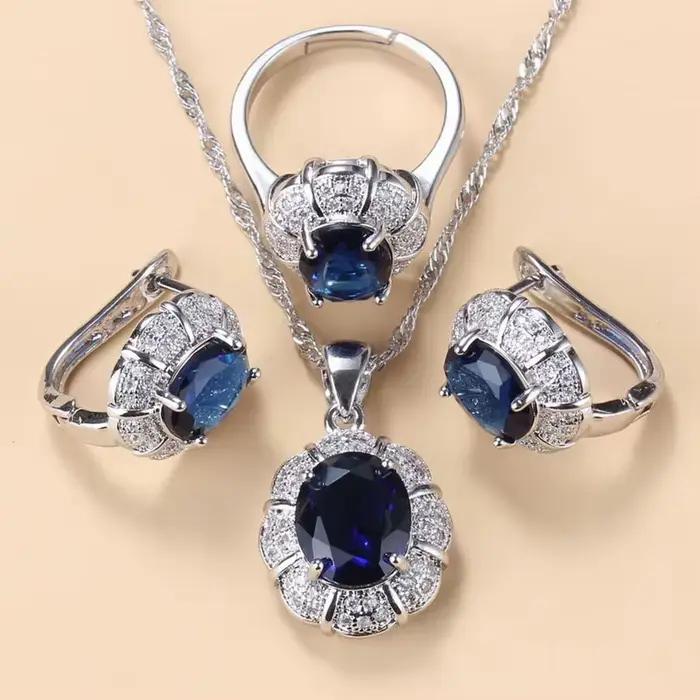 Ensemble de bijoux en zircon cubique bleu pour femme, collier, boucles d'oreilles et bague en argent 925 pour mariage et cérémonies de vie