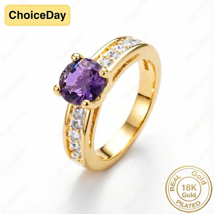 Bague de luxe plaquée or 18 carats avec zircon violet rond pour femme