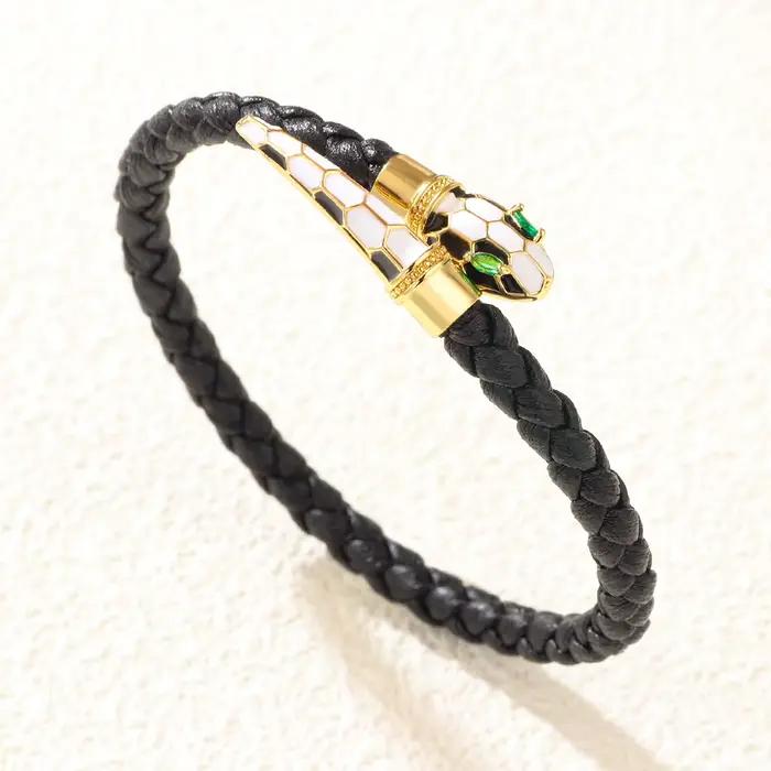 Bracelet serpent femme tête de serpent yeux verts Bracelets pour femme à la mode véritable Bracelet en cuir tressé bijoux de mode cadeau