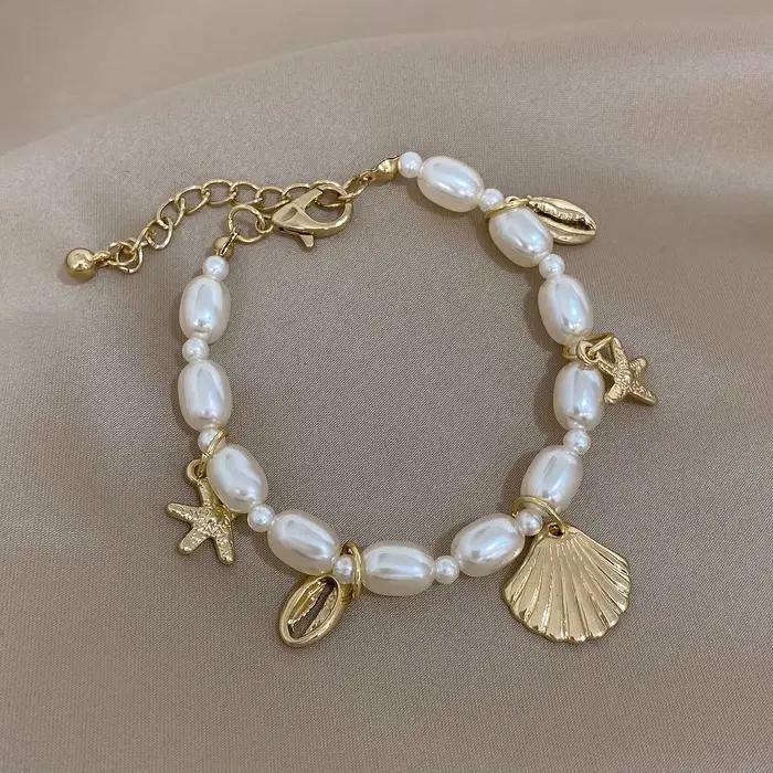 Bracelet ABS en forme d'étoile de mer et de coquillage en or clair pour femme, bijou océanique pour occasions spéciales, vacances, plage, cadeau d'anniversaire, fête des mères, Pâques