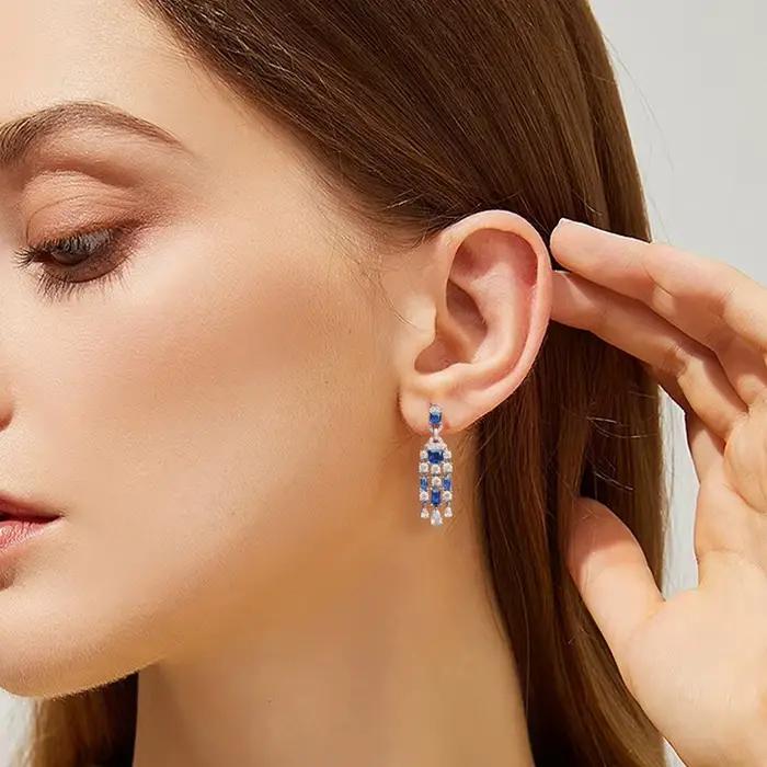 ALLNOEL-Boucles d'oreilles pendantes en argent regardé 925 pour femme, pompon en forme de main de spinelle bleue, cadeau de luxe, bijoux Boho, fête de mariage