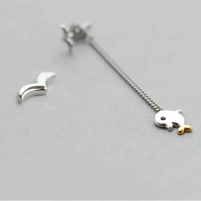 Boucles d'oreilles en forme de dauphin pour femmes, bijoux asymétriques, élégants, en argent sterlin