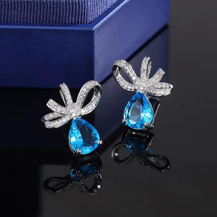 Boucles d'oreilles plaquées argent 925 en Zircon bleu AAAA pour femmes