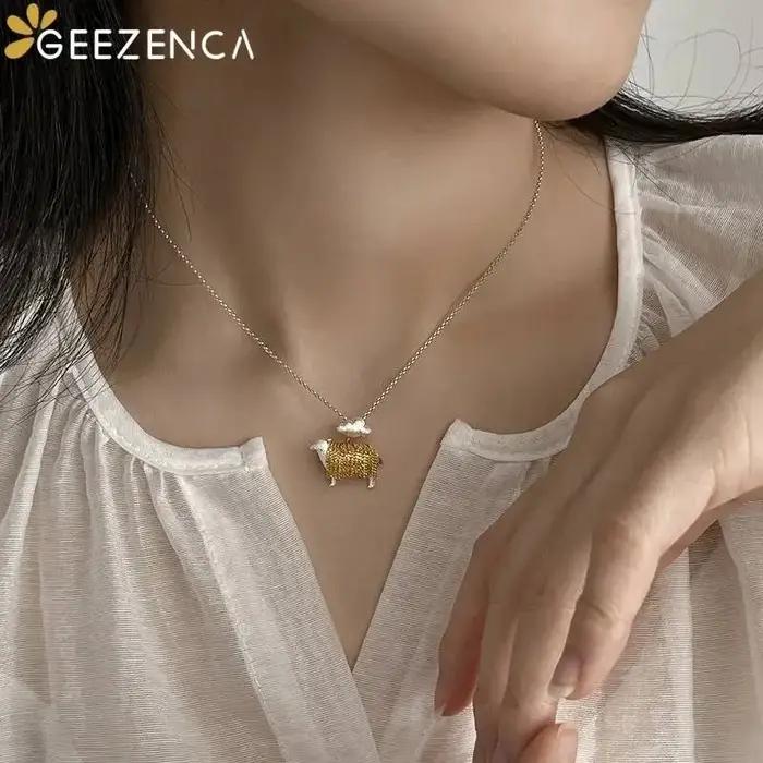 GEEZENCA 925 argent Sterling deux tons 3D mouton collier pendentif femmes mignon Animal Unique délicat cadeau pendentifs sans chaîne