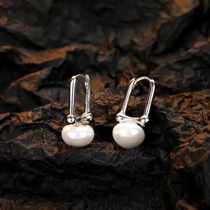 Boucles d'oreilles créoles en perles couleur argent pour femmes, style géométrique minimaliste, accessoires de mode vintage