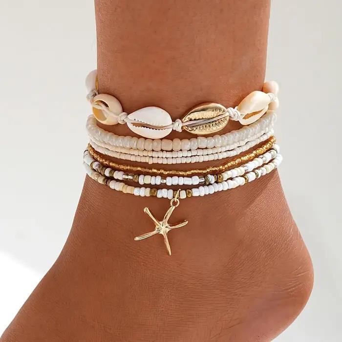 Ensemble de bracelets de cheville réglables en or plaqué avec motifs de coquilles de plage et étoiles de mer pour femmes occassions estivales et cadeaux