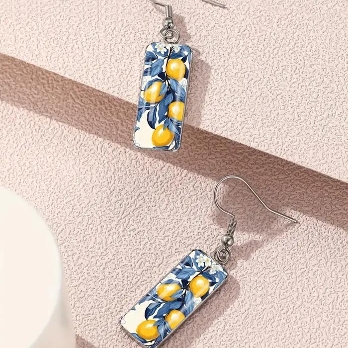 Boucles d'oreilles citron en verre convexe et acier inoxydable pour femmes style décontracté sportif occasions quotidiennes et spéciales