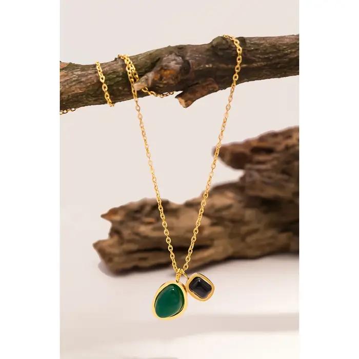 Collier à double pendentif en pierre précieuse émeraude et noire pour femmes
