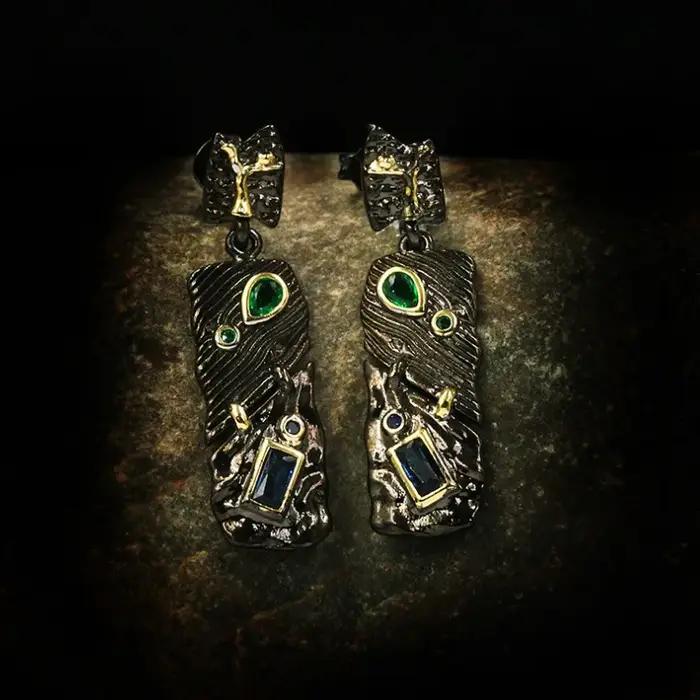 Bijoux créatifs en or noir pour femme bague en relief pierre de document noire collier style ethnique rétro boucles d'oreilles 3 pièces engagement