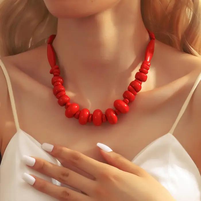 Collier de corail rouge en résine superposée à double couche de style bohème pour femmes, à la mode