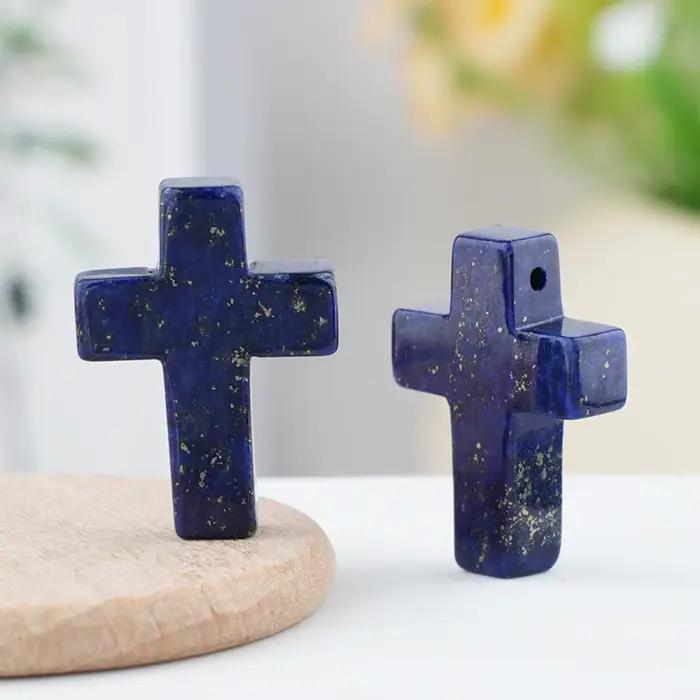 Lapis Lazuli 22x30mm croix pendentif pierres précieuses collier chaîne en corde en cuir noir