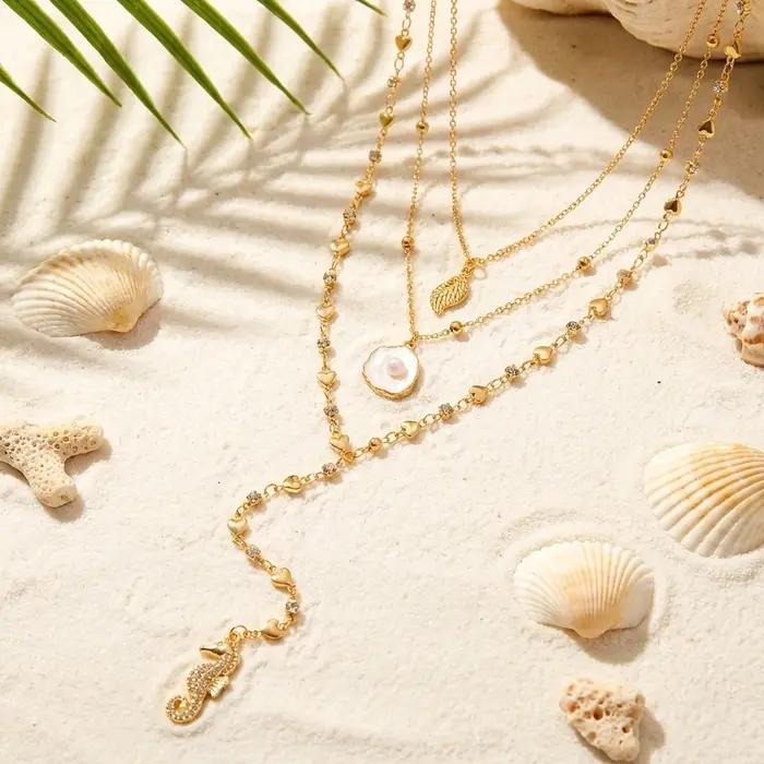 Collier Coquillage Hippocampe Superposé 3 Couches pour Femme – Élégant