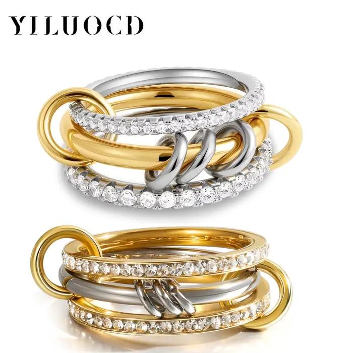 Bagues Empilables en Acier Inoxydable Plaquées en Or 18 Carats avec Zircone Cubique Pour Femmes Occasions Spéciales Ensembles De Mariage