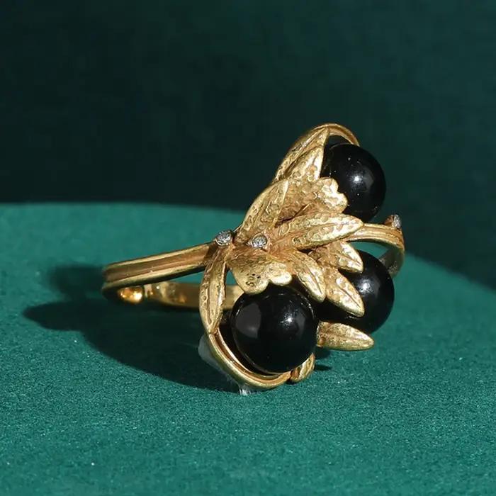Bagues Vintage en Agate noire, feuilles de couleur or, accessoires pour doigts ouverts, bijoux de lu