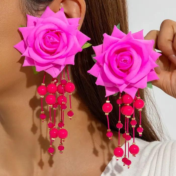 Boucles d'oreilles colorées fleur rose 3D