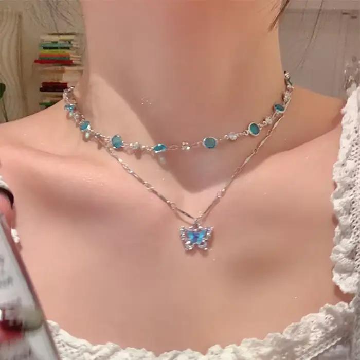 LATS – collier papillon romantique en cristal bleu pour femmes et filles