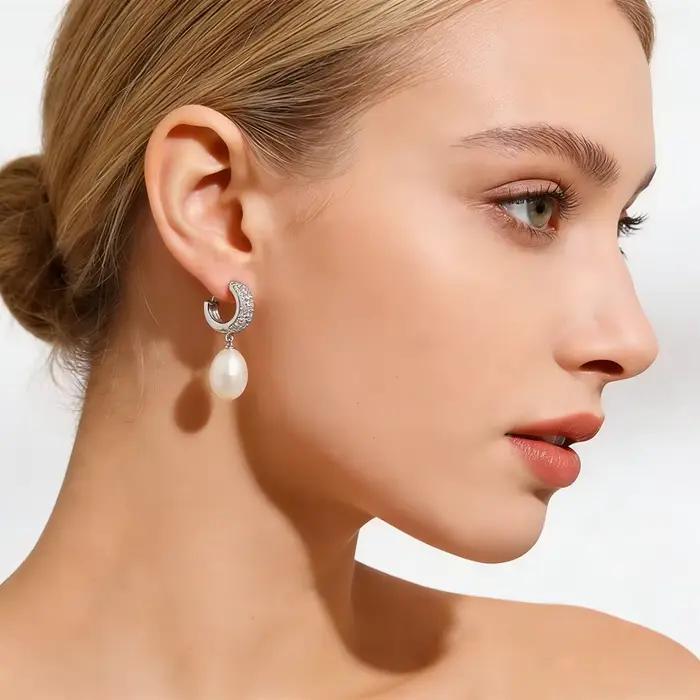 Boucles d'oreilles en argent 925 avec perles naturelles pour femmes et filles, cerceau suspendu blanc, bijoux de mariée en pierre de réservoir, qualité supérieure