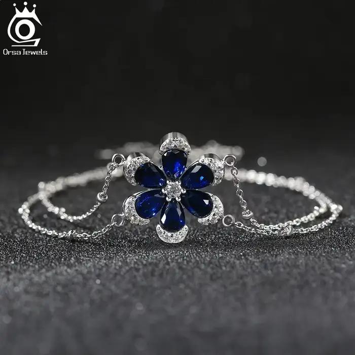 Ensemble de bijoux en argent 925 avec saphirs bleus forme de fleur pour femmes occasions spéciales