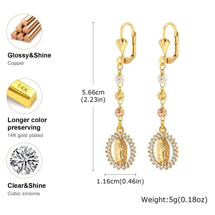 Boucles d'oreilles pendantes vintage religieuses de la vierge marie pour femmes, boucles d'oreilles longues en zircon plaqué or 14 carats, bijoux de prière hypoallergéniques