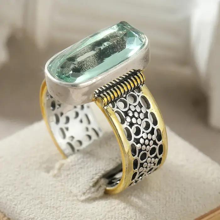 Bague creuse bicolore en zircone synthétique verte style bohème fine vintage pour femmes festival célébration