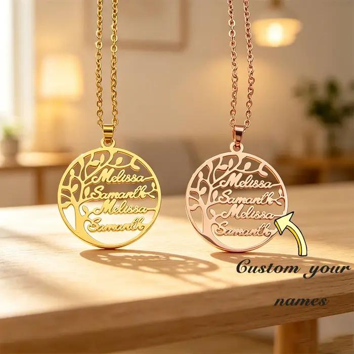 Collier ras du cou personnalisé en acier inoxydable avec pendentif cercle Arbre de Vie et 1 à 4 noms de famille – Cadeau